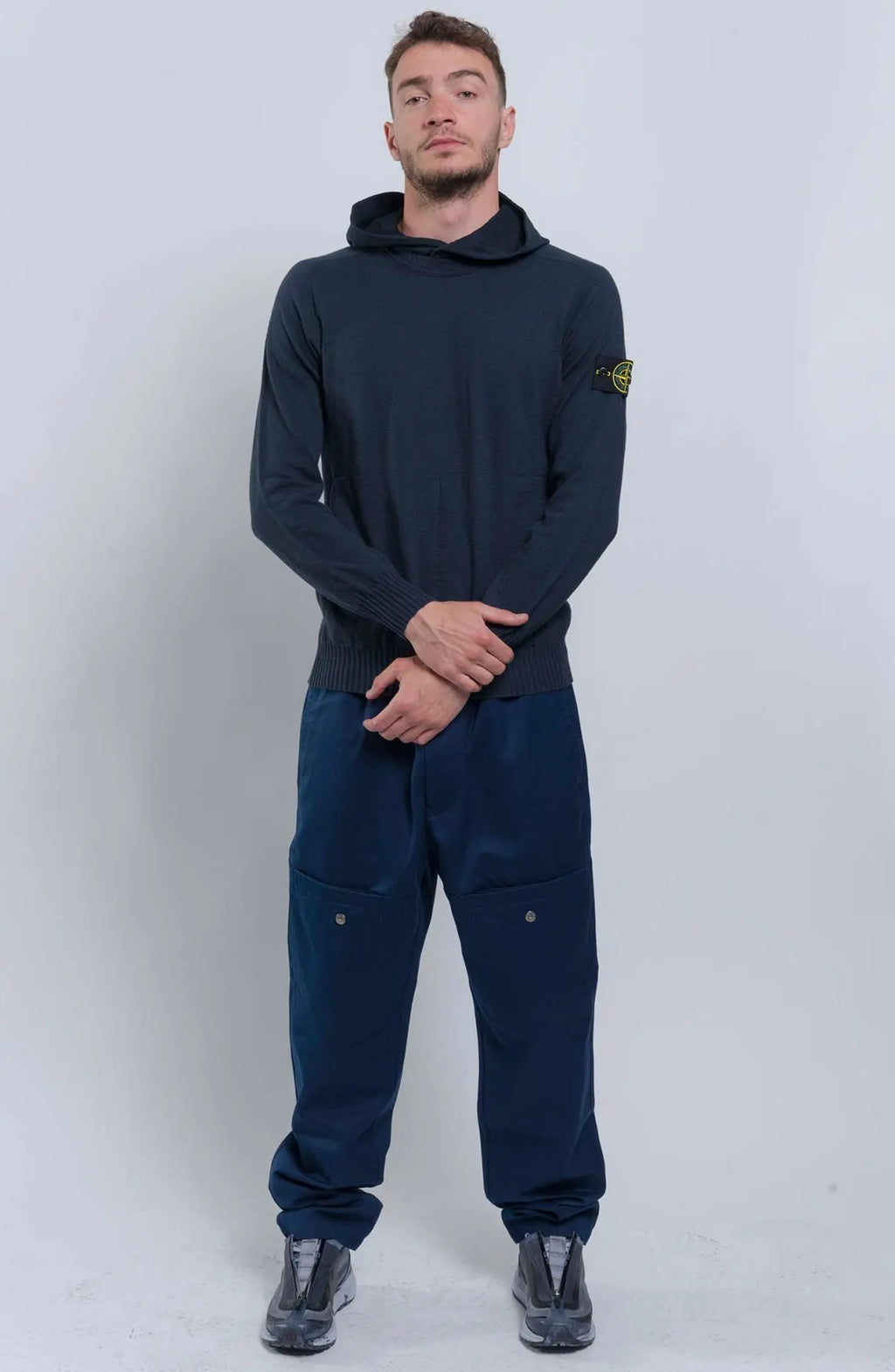 Stone Island, Male Pants, Blue Gabardine, Workwear tapered fit trousers, Full Body Shot