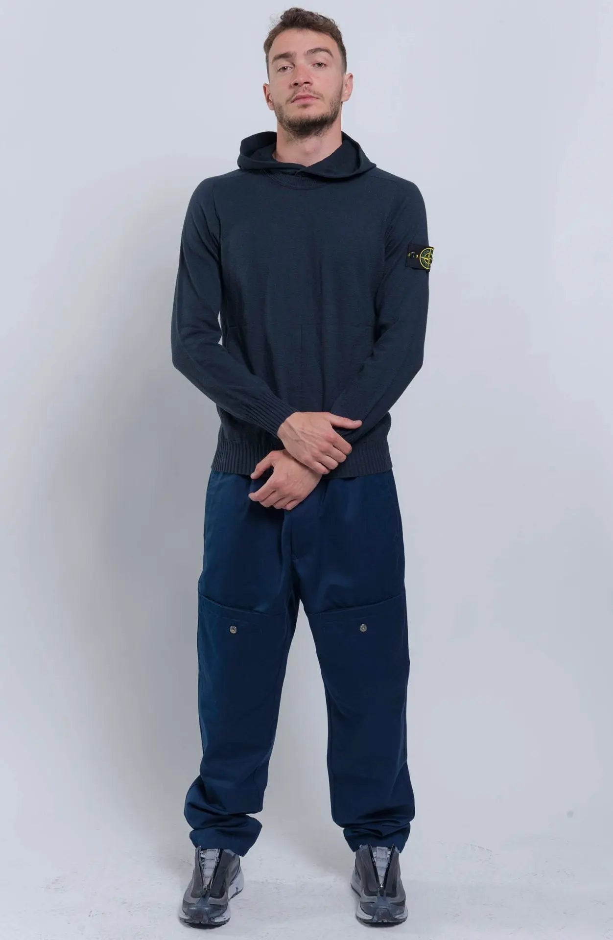 Stone Island, Male Pants, Blue Gabardine, Workwear tapered fit trousers, Full Body Shot