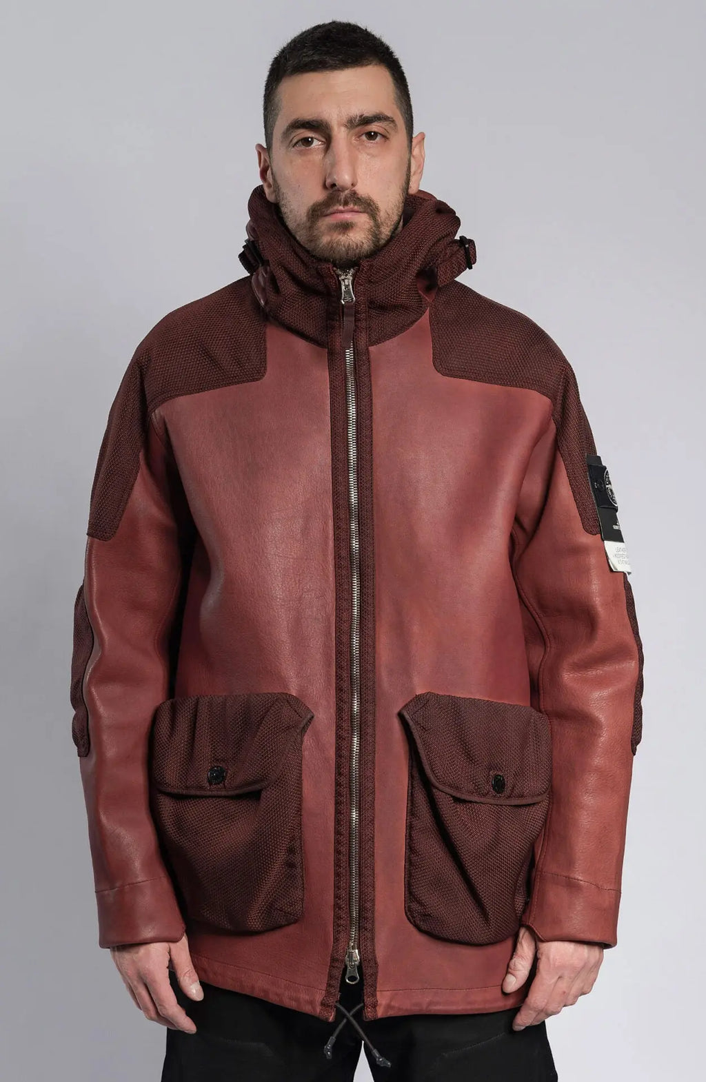 Stone Island Ghost, Male Jacket, Dark Red Dyed Leather with Dark Red nylon details, Leather Jacket, Front View Photograph.