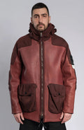 Stone Island Ghost, Male Jacket, Dark Red Dyed Leather with Dark Red nylon details, Leather Jacket, Front View Photograph.