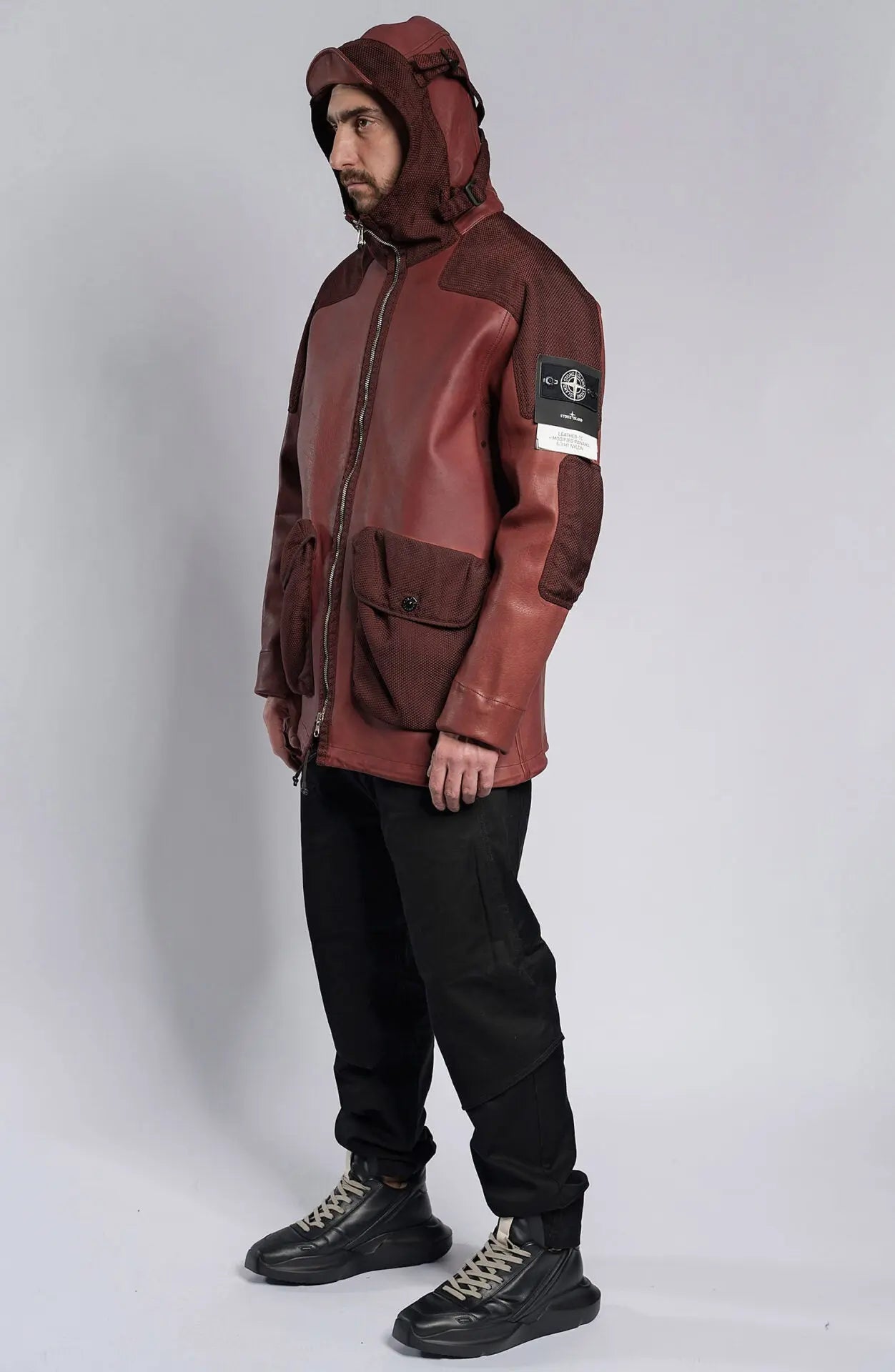 Stone Island Ghost, Male Leather Jacket, Hooded Leather Jacket, Dark Red Dyed Leather with Dark Red nylon details, Leather Jacket, Side Photograph Hooded. Stone Island Ghost Badge. 