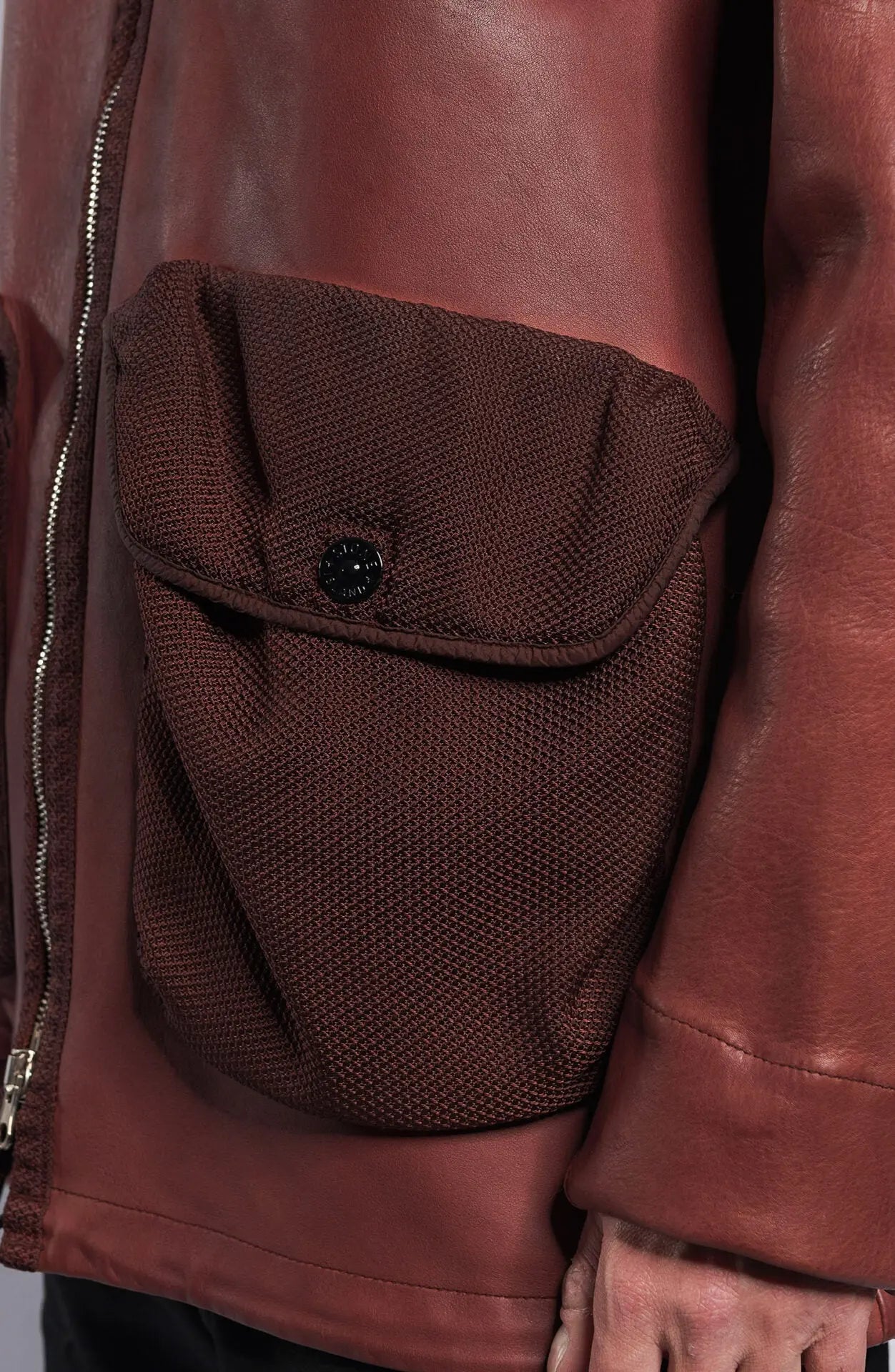 Stone Island close-up Nylon Dark Red Bellow Pocket. 