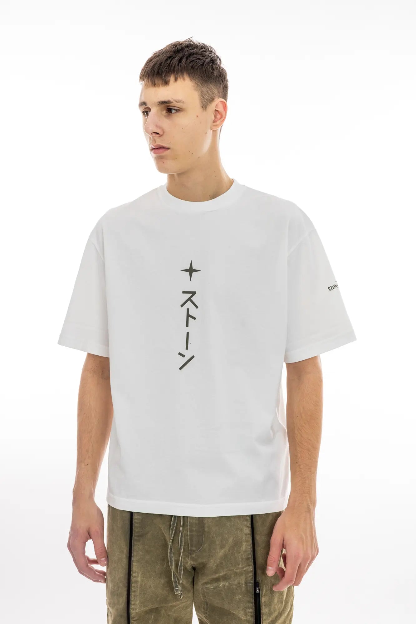 Stone Island T-Shirt, male t-shirt, white fabric, black print, star print, additional side angle photo