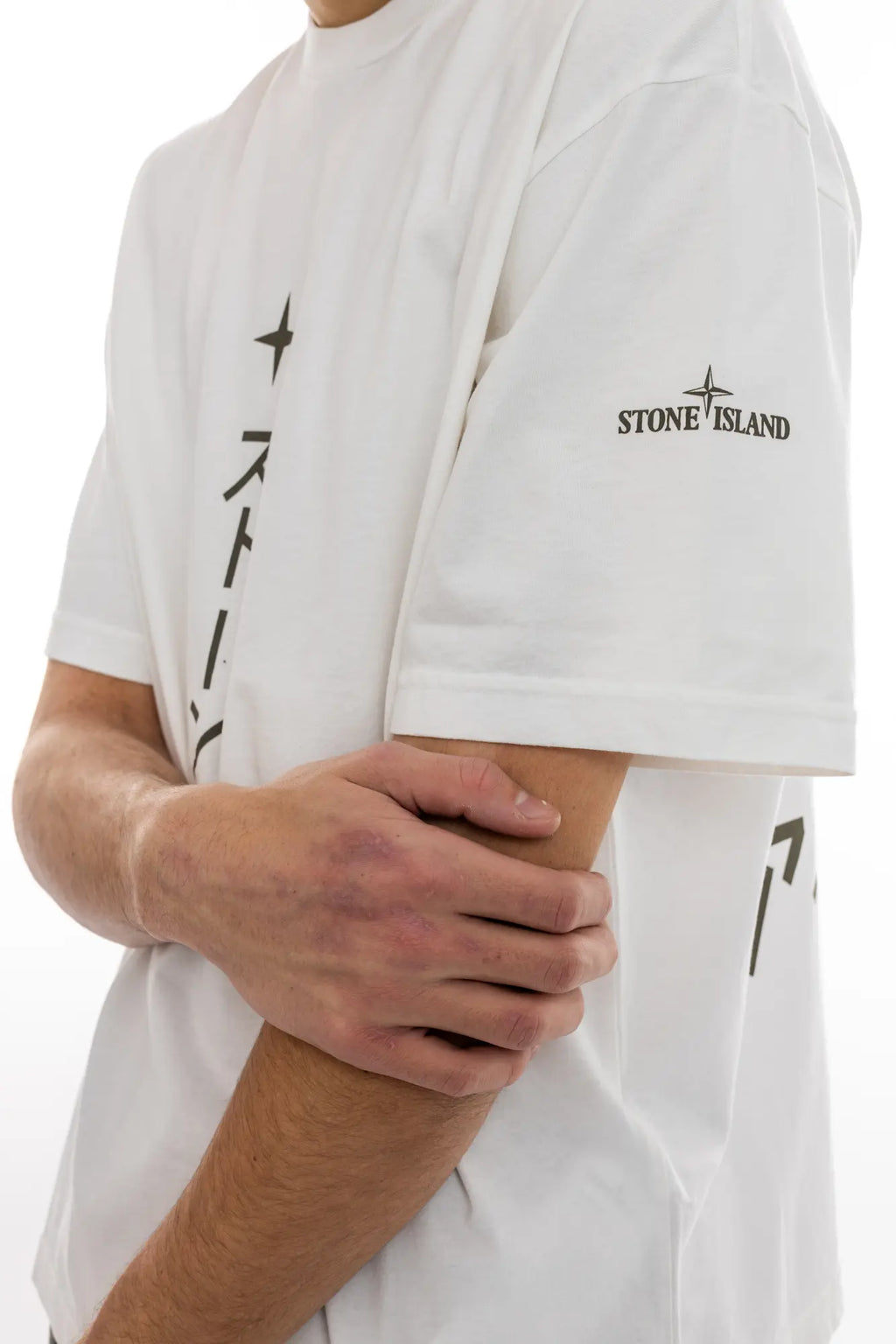 Stone Island T-Shirt, male t-shirt, white fabric, black print, star print, close-up photo