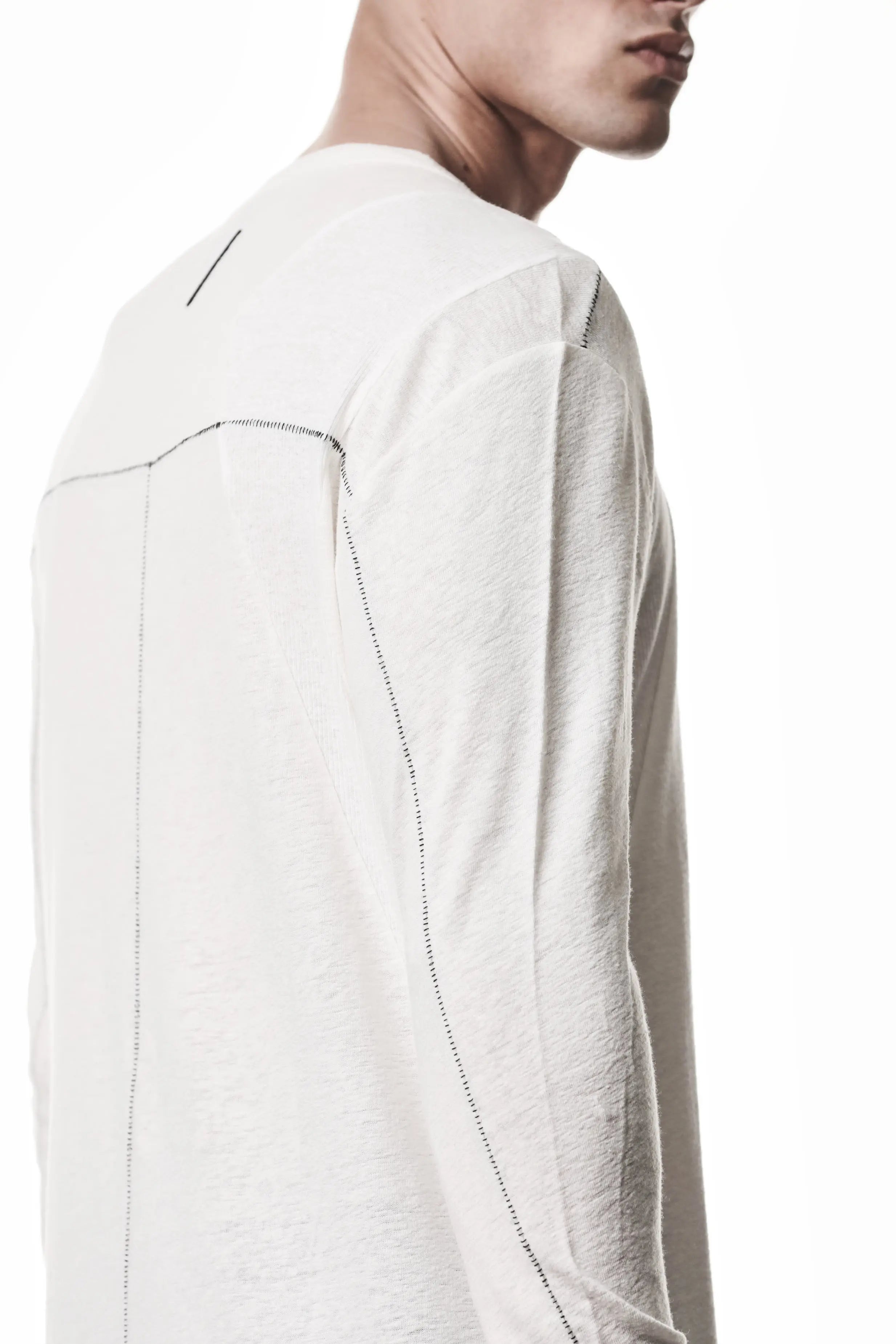 Thom Krom T-Shirt,Mens T-Shirt, Off White Cotton, Linen, Viscose,Logo Embroidery, Signature Back Seam, Round Crewneck, Standard Length, Paneled Construction, Аsymmetrical Sleeve Seam, Extended Sleeves, Side Angle Detailed Photo. 