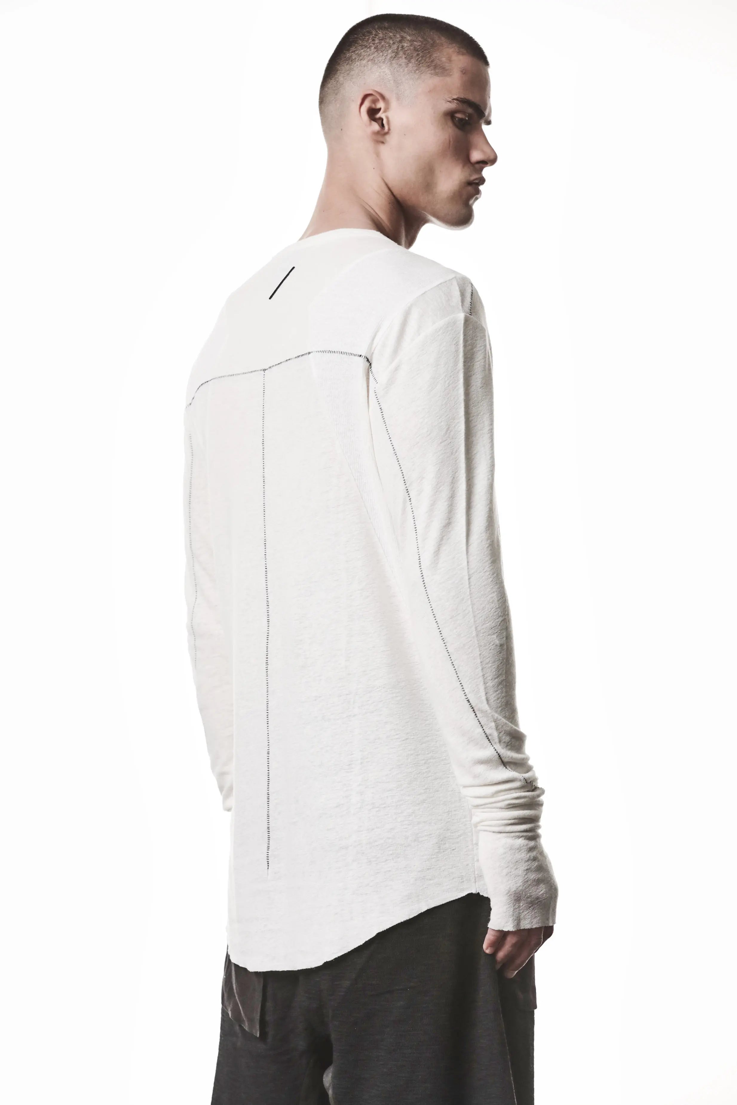 Thom Krom T-Shirt,Mens T-Shirt,Off White Cotton,Linen,Viscose,Logo Embroidery,Signature Back Seam, Round Crewneck ,Standard Length, Paneled Construction,Аsymmetrical Sleeve Seam,Extended Sleeves,Curved Hem Line,Extended Sleeves With Thumbhole Details,Side Angle Upper Body Photo