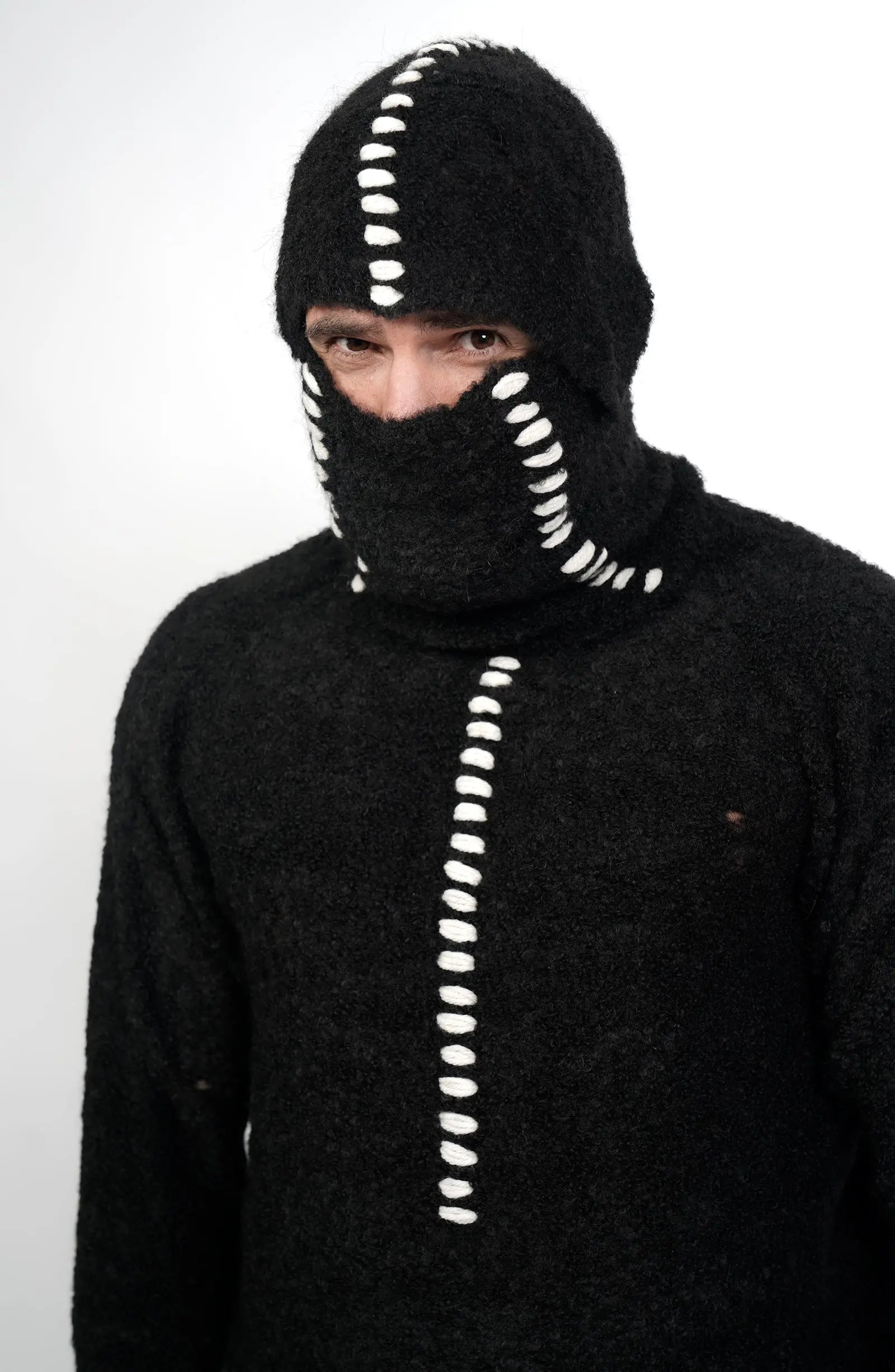 Thom Krom, Mens Balaclava, Black, White Stitching, Contrasting Details, Thermal, Insulating, Handmade, Stretch-fit, Front View. 