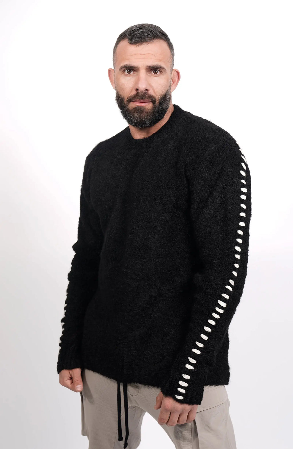 Thom Krom, Mens Sweater, Black, Contrasting White Details, Cross White Stitching, Alpaca Wool, Polyamide, M K 117, Thermal, Warm, Heating, Long Sleeves, Breathable, Front 3/4 View. 