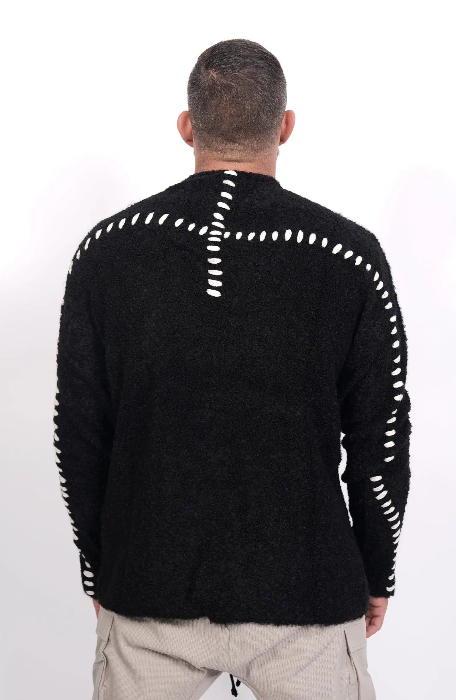 Thom Krom, Mens Sweater, Black, Contrasting White Details, Cross White Stitching, Alpaca Wool, Polyamide, M K 117, Thermal, Warm, Heating, Long Sleeves, Breathable, Back View. 