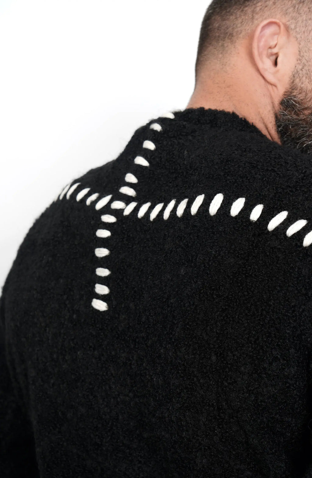 Thom Krom, Mens Sweater, Black, Contrasting White Details, Cross White Stitching, Alpaca Wool, Polyamide, M K 117, Thermal, Warm, Heating, Long Sleeves, Breathable, Back Stitching Close-up. 
