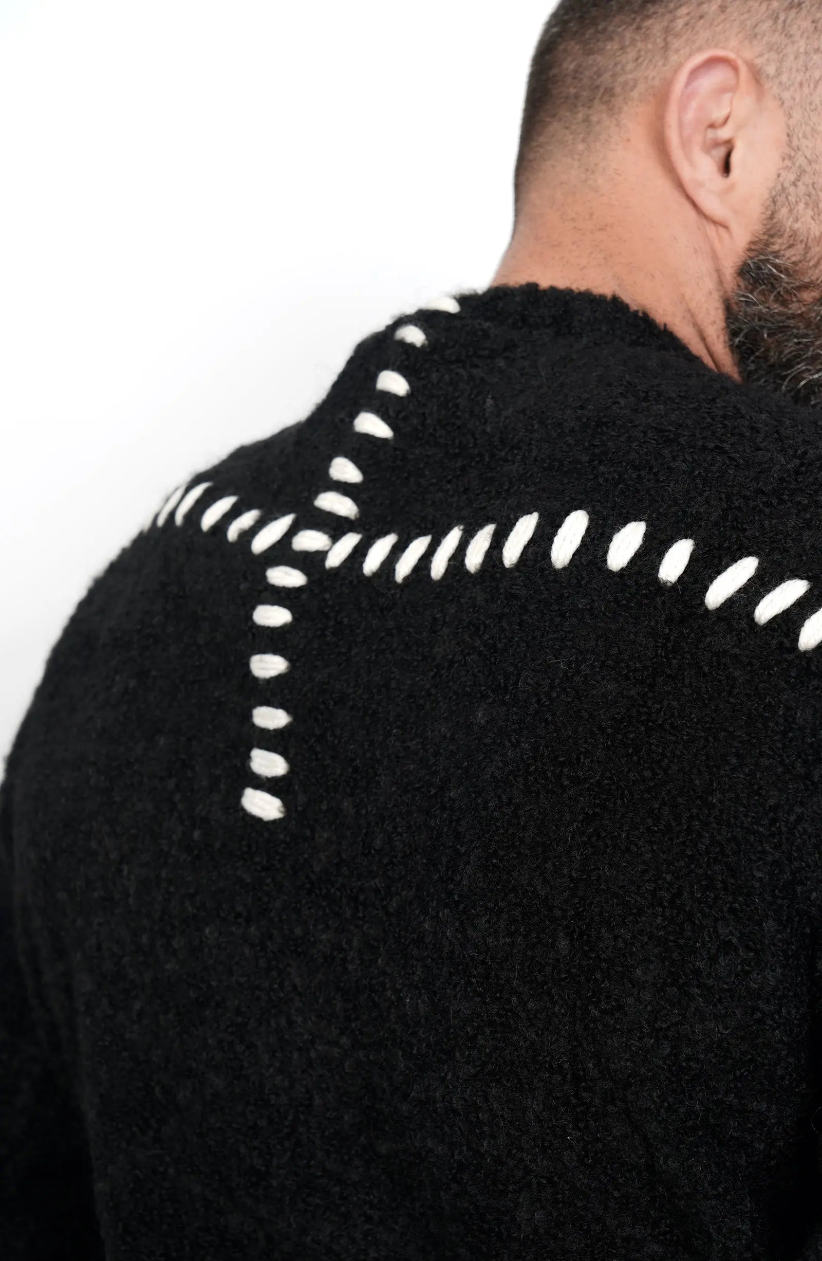 Thom Krom, Mens Sweater, Black, Contrasting White Details, Cross White Stitching, Alpaca Wool, Polyamide, M K 117, Thermal, Warm, Heating, Long Sleeves, Breathable, Back Stitching Close-up. 