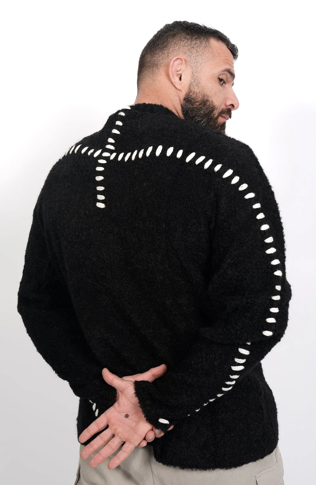 Thom Krom, Mens Sweater, Black, Contrasting White Details, Cross White Stitching, Alpaca Wool, Polyamide, M K 117, Thermal, Warm, Heating, Long Sleeves, Breathable, Back 3/4 View Holding Hands. 