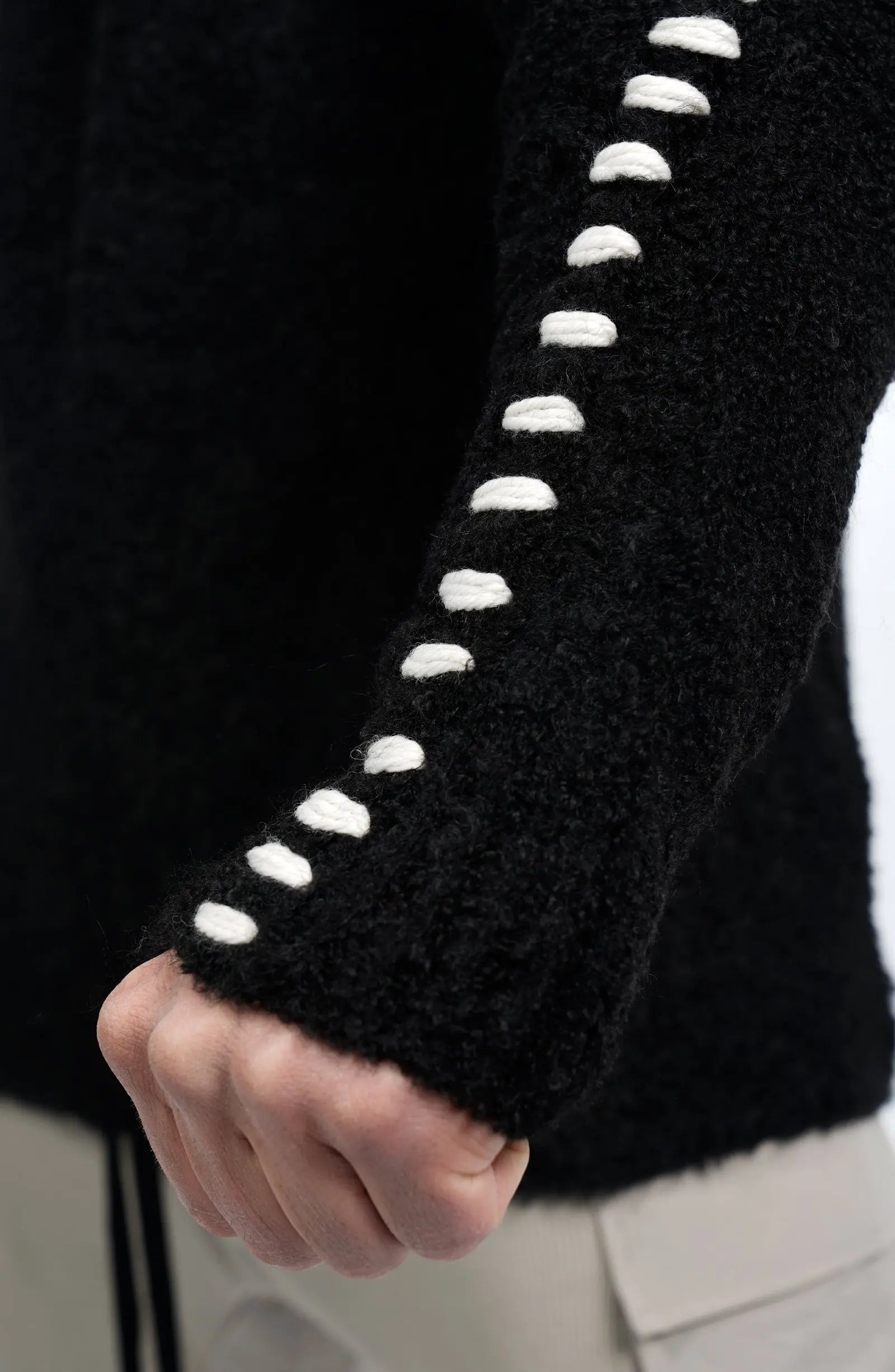 Thom Krom, Mens Sweater, Black, Contrasting White Details, Cross White Stitching, Alpaca Wool, Polyamide, M K 117, Thermal, Warm, Heating, Long Sleeves, Breathable, Sleeve Length Showcase. 