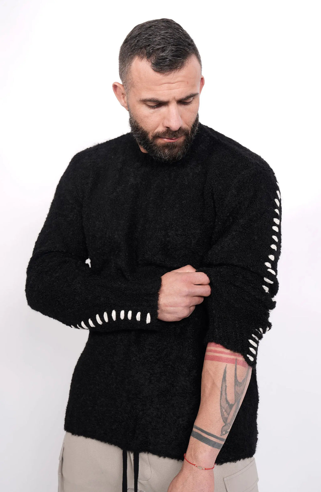 Thom Krom, Mens Sweater, Black, Contrasting White Details, Cross White Stitching, Alpaca Wool, Polyamide, M K 117, Thermal, Warm, Heating, Long Sleeves, Breathable, Front View Pulling Sleeves. 