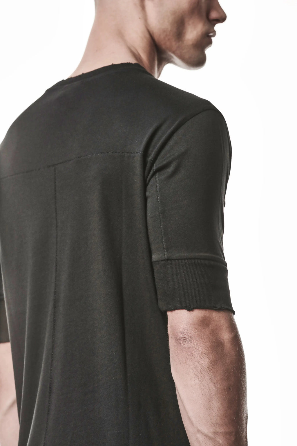 Thom Krom, Mens T-Shirt, Black, Cotton Modal Jersey, Ribbed Cuffs, Short Sleeves, Round Neck, Slim fit, Right Shoulder 3/4 Back View. 