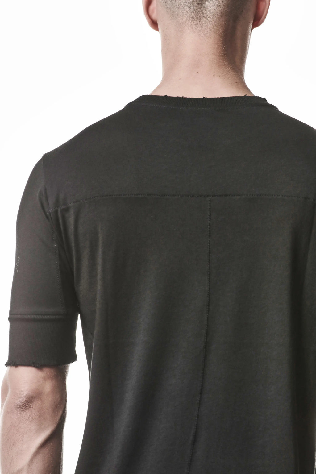 Thom Krom, Mens T-Shirt, Black, Cotton Modal Jersey, Ribbed Cuffs, Short Sleeves, Round Neck, Slim fit, Left Shoulder Back View. 