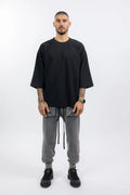 Thom Krom,Mens T-Shirt,Black,Oversized Fit,Rib Knit Crewneck,Dropped Shoulders,Logo Embroidery On The Back,Wide Sleeves Design,Full Body.