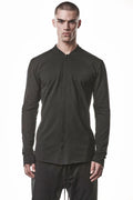 Thom Krom, Mens Shirt, Black, Stretch Sleeves, Exposed Seams, Stitched Logo, Thom/Krom, The Night is your friend, my love, Long Sleeves, Ribbed Collar, Front Portrait. 