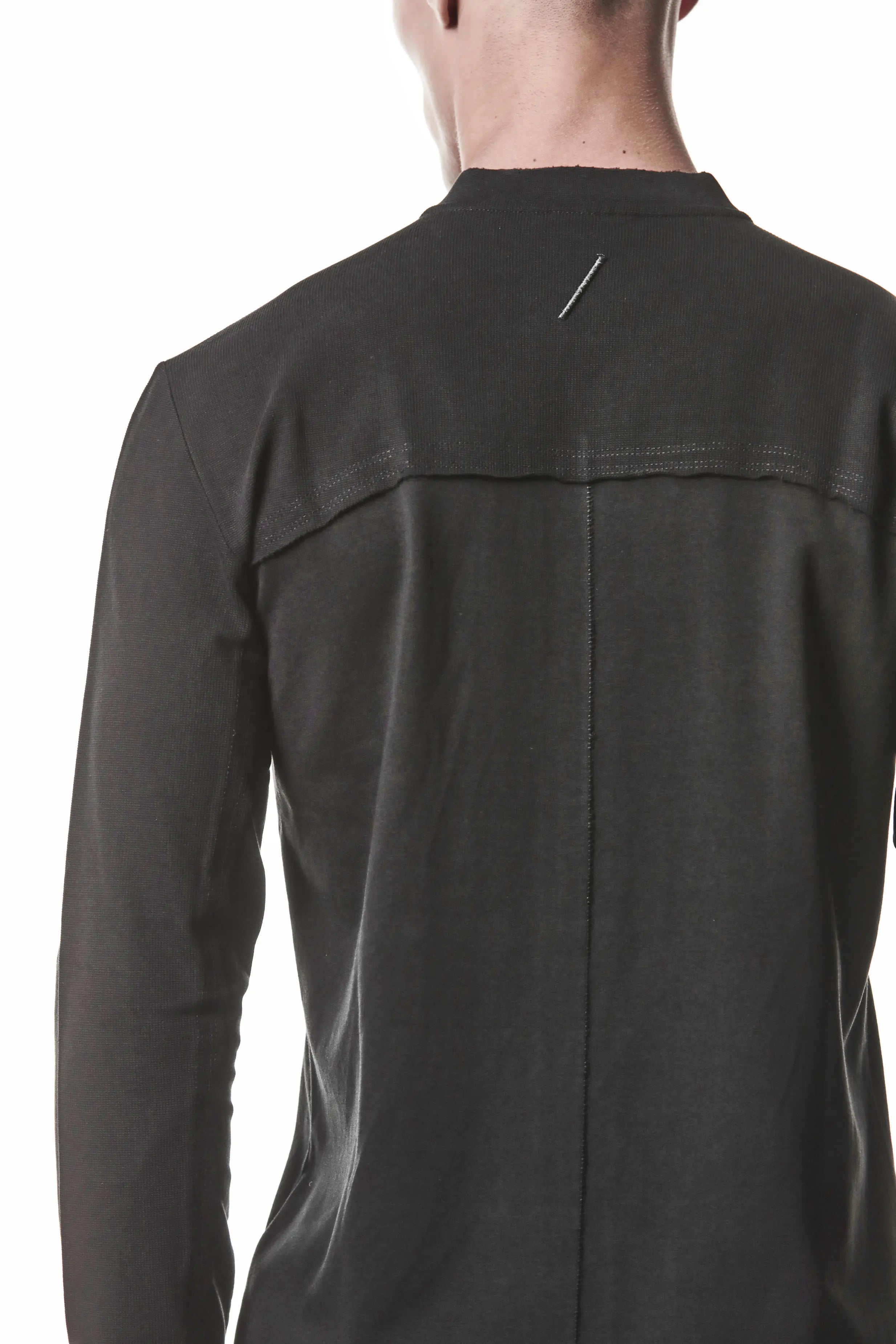 Thom Krom, Mens Shirt, Black, Stretch Sleeves, Exposed Seams, Stitched Logo, Thom/Krom, The Night is your friend, my love, Long Sleeves, Ribbed Collar, Back Seams Showcase. 