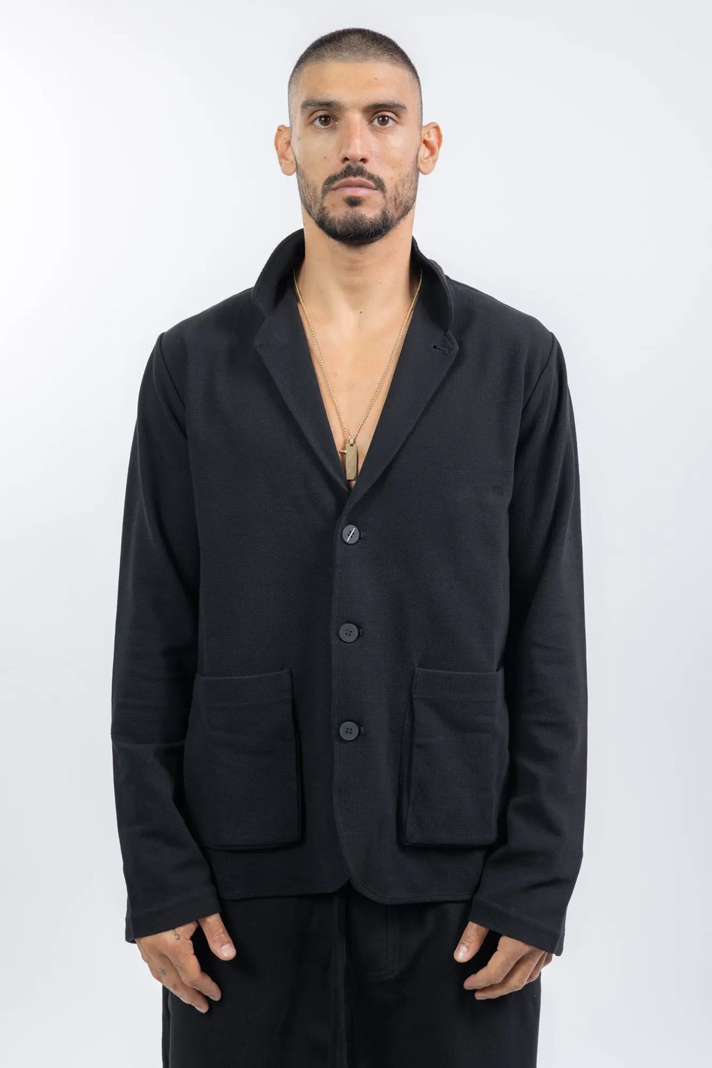 Thom Krom,Mens Blazer,Black,2 In 1 Stand Up Collar And Revers,Logo Button,Patched Pockets,Slit in Back,Structured Elastic Cotton Mix Fabric,Front Portrait.