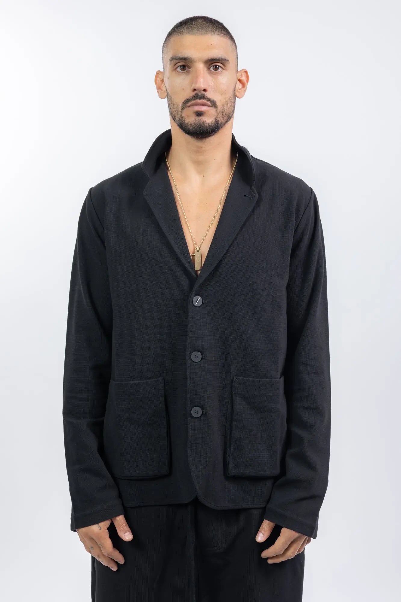 Thom Krom,Mens Blazer,Black,2 In 1 Stand Up Collar And Revers,Logo Button,Patched Pockets,Slit in Back,Structured Elastic Cotton Mix Fabric,Front Portrait.