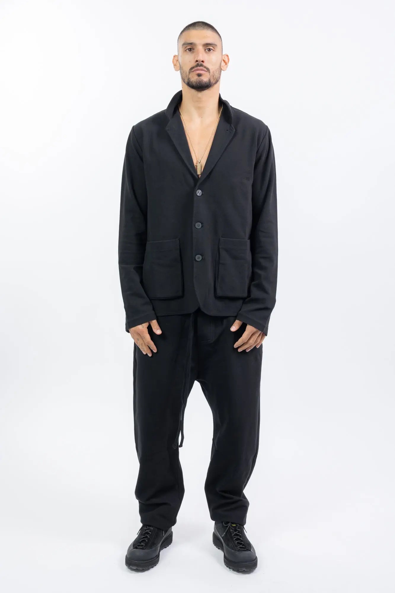 Thom Krom,Mens Blazer,Black,2 In 1 Stand Up Collar And Revers,Logo Button,Patched Pockets,Slit in Back,Structured Elastic Cotton Mix Fabric,Full Body.