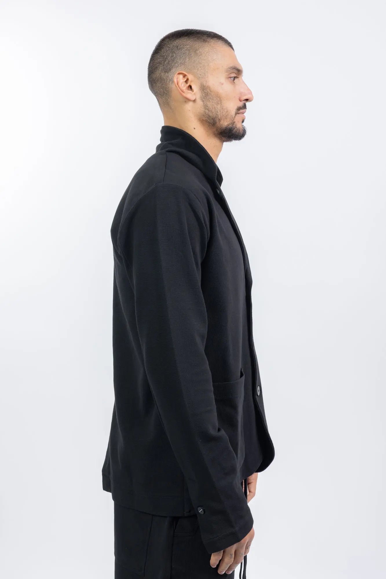 Thom Krom,Mens Blazer,Black,2 In 1 Stand Up Collar And Revers,Logo Button,Patched Pockets,Slit in Back,Structured Elastic Cotton Mix Fabric,Profile Photo.