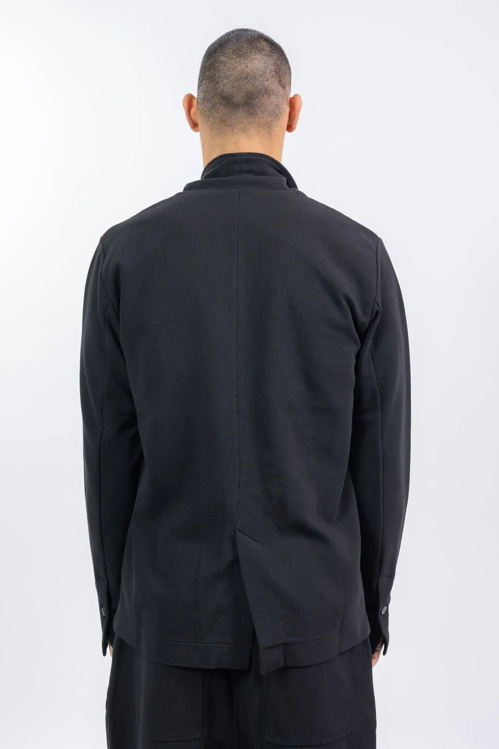 Thom Krom,Mens Blazer,Black,2 In 1 Stand Up Collar And Revers,Logo Button,Patched Pockets,Slit in Back,Structured Elastic Cotton Mix Fabric,Back Photo.