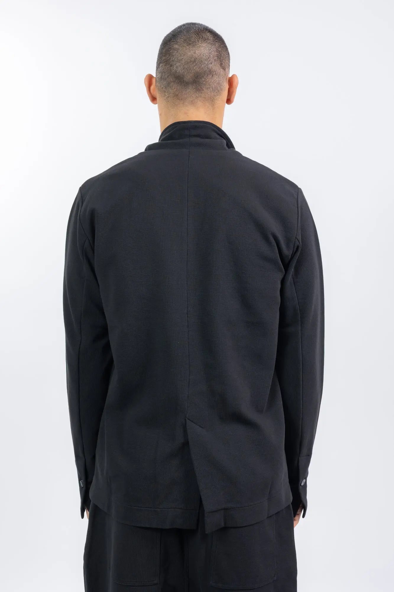 Thom Krom,Mens Blazer,Black,2 In 1 Stand Up Collar And Revers,Logo Button,Patched Pockets,Slit in Back,Structured Elastic Cotton Mix Fabric,Back Photo.
