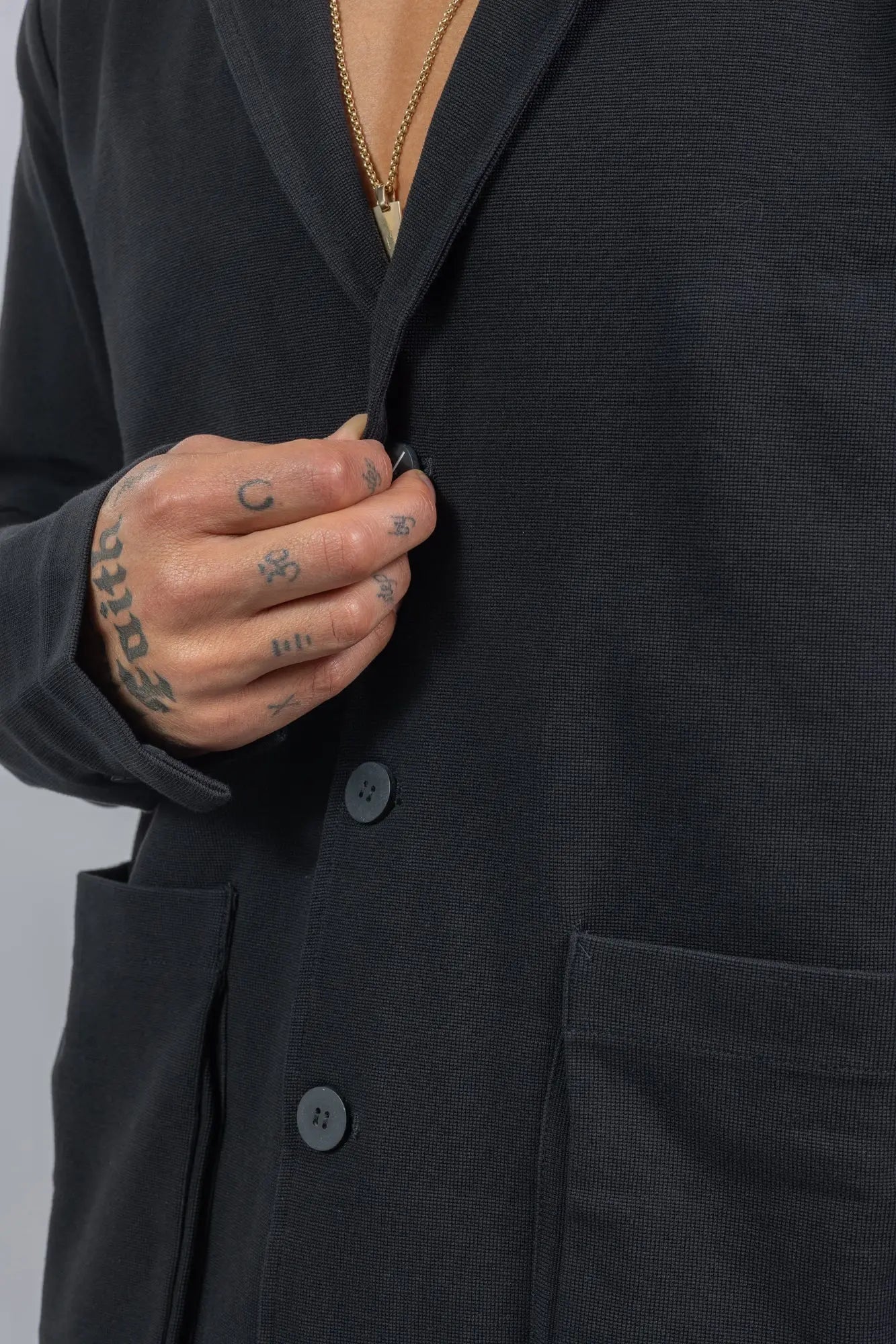Thom Krom,Mens Blazer,Black,2 In 1 Stand Up Collar And Revers,Logo Button,Patched Pockets,Slit in Back,Structured Elastic Cotton Mix Fabric,Detailed Button Photo