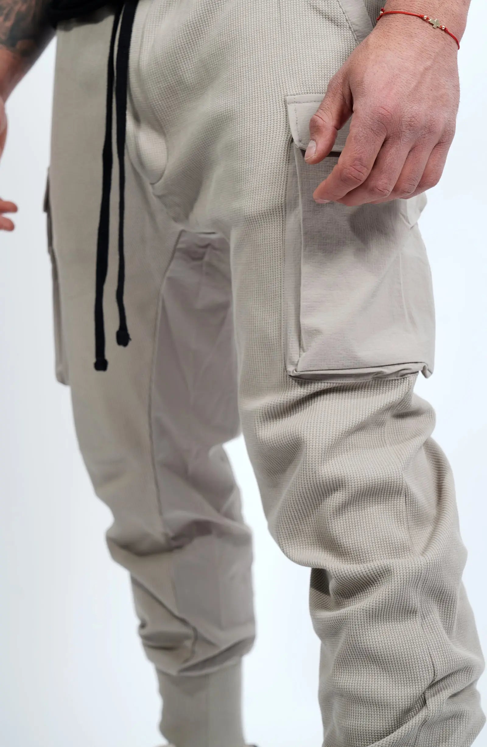 Thom Krom, Mens Pants, Moongery, Beige, Cargo Pockets, Large Pockets, Stretch Nylon Inserts, Elasticated Waistband, Drawstring, Elasticated Cuffs, Pockets Close-up. 