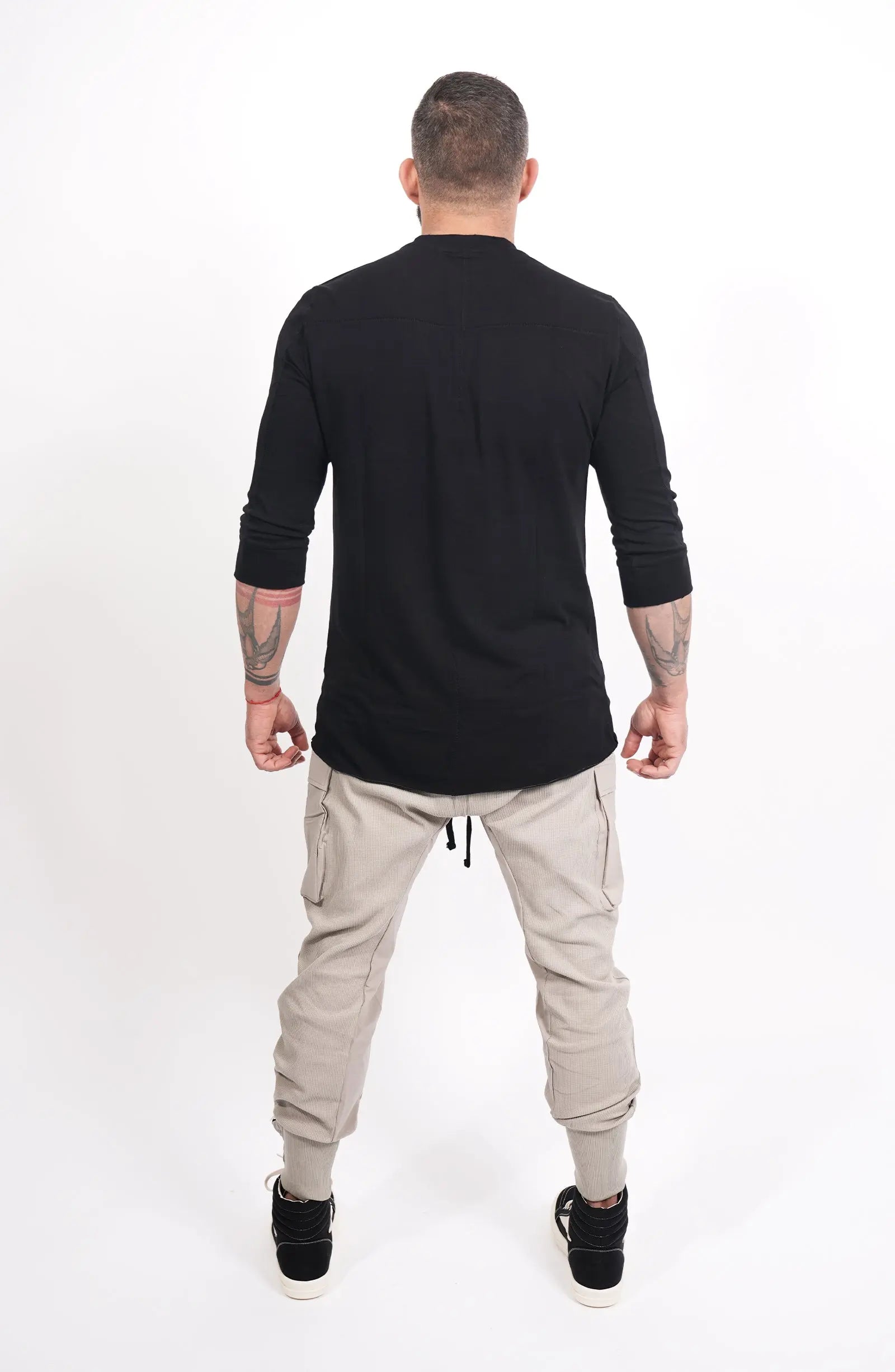 Thom Krom, Mens Pants, Moongery, Beige, Cargo Pockets, Large Pockets, Stretch Nylon Inserts, Elasticated Waistband, Drawstring, Elasticated Cuffs, Full Body Front View. 