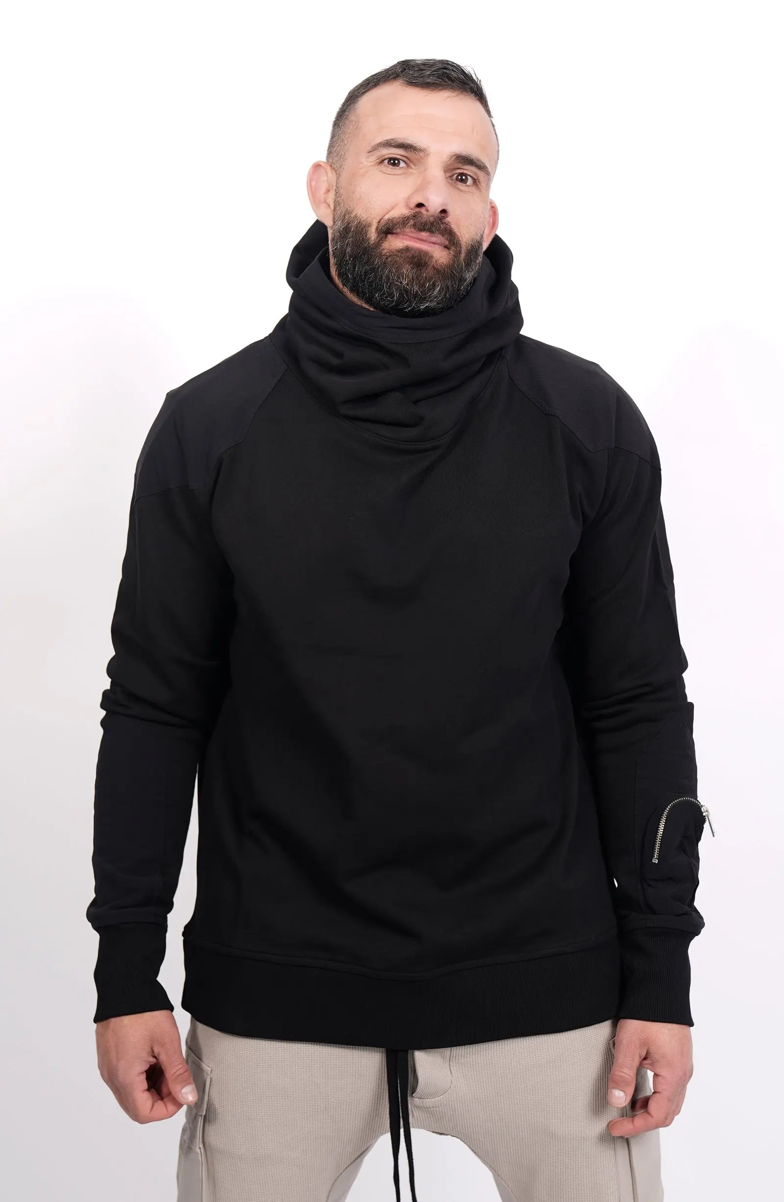 Thom Krom, Mens Hoodie, Black, Hooded Sweatshirt, Cotton, Stretch Nylon Inserts, Stretch Cotton Cuffs and Inserts, Cotton Jersey, Thumbholes, Mock Neck, Sleeve Zip Pocket, Front Portrait. 
