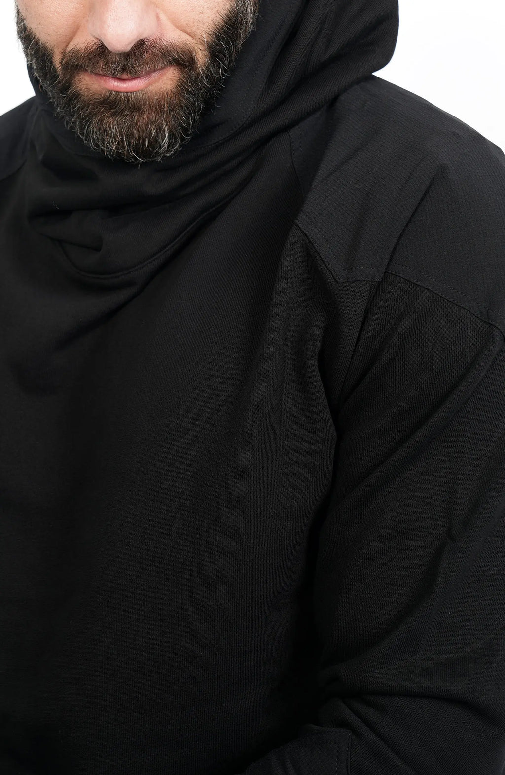 Thom Krom, Mens Hoodie, Black, Hooded Sweatshirt, Cotton, Stretch Nylon Inserts, Stretch Cotton Cuffs and Inserts, Cotton Jersey, Thumbholes, Mock Neck, Sleeve Zip Pocket, Inserts Close-up. 