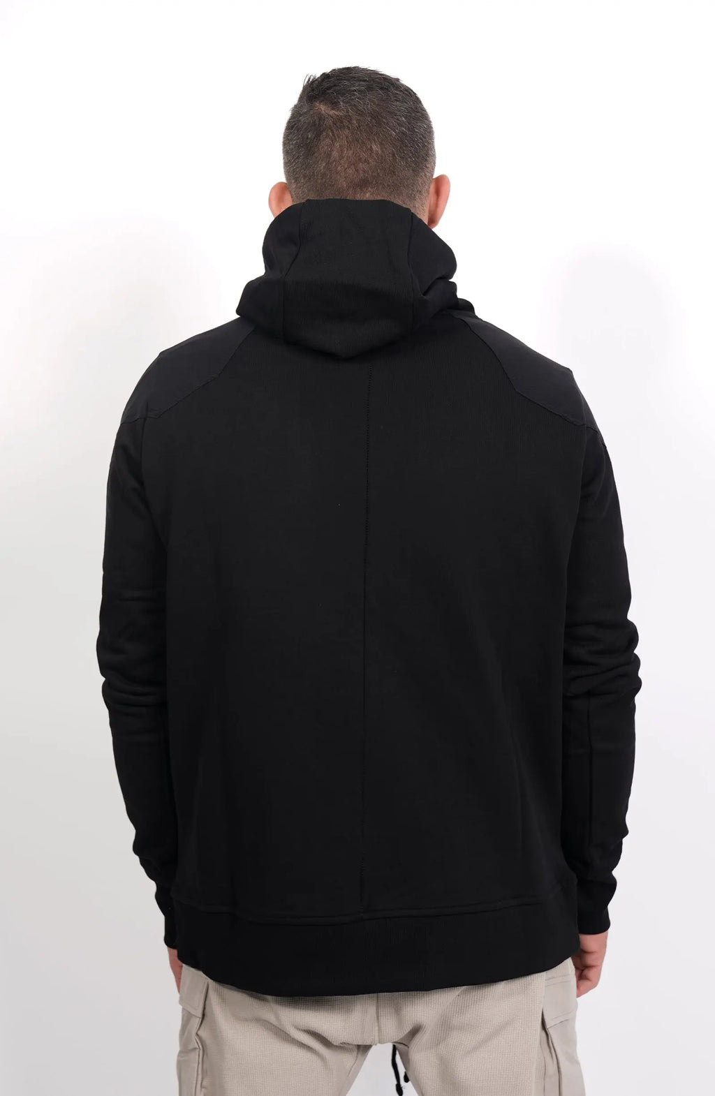 Thom Krom, Mens Hoodie, Black, Hooded Sweatshirt, Cotton, Stretch Nylon Inserts, Stretch Cotton Cuffs and Inserts, Cotton Jersey, Thumbholes, Mock Neck, Sleeve Zip Pocket, Back Portrait. 