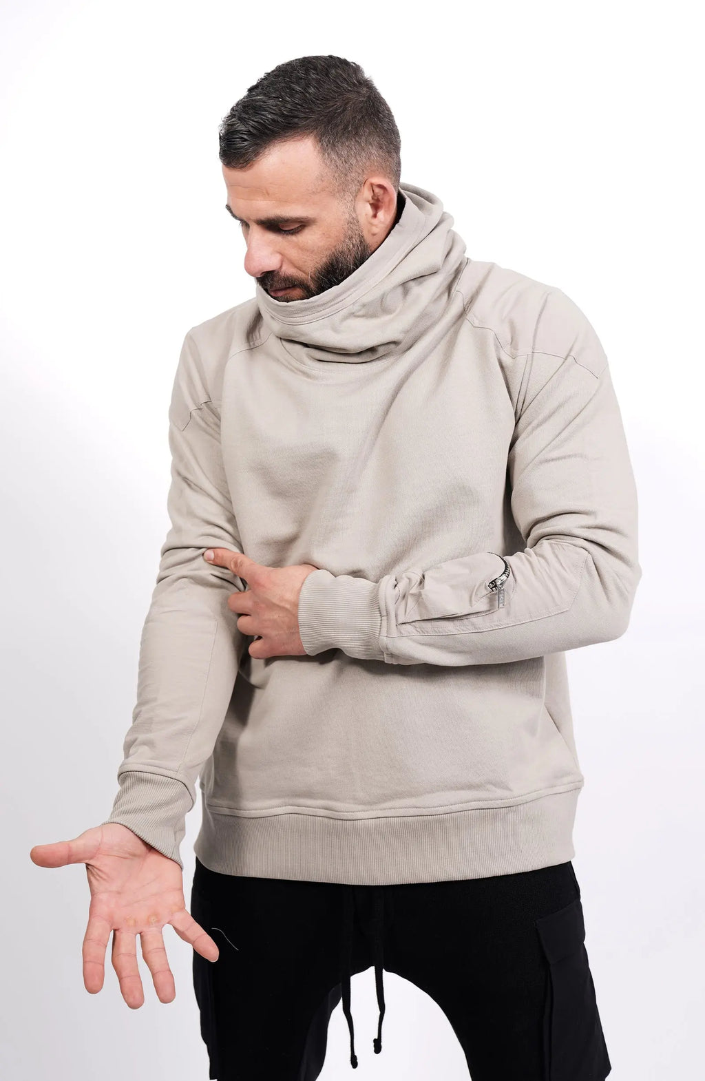 Thom Krom, Mens Hoodie, Black, Hooded Sweatshirt, Cotton, Stretch Nylon Inserts, Stretch Cotton Cuffs and Inserts, Cotton Jersey, Thumbholes, Mock Neck, Sleeve Zip Pocket, Front Portrait. 