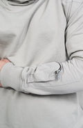 Thom Krom, Mens Hoodie, Black, Hooded Sweatshirt, Cotton, Stretch Nylon Inserts, Stretch Cotton Cuffs and Inserts, Cotton Jersey, Thumbholes, Mock Neck, Sleeve Zip Pocket, Zip Pocket Showcase. 