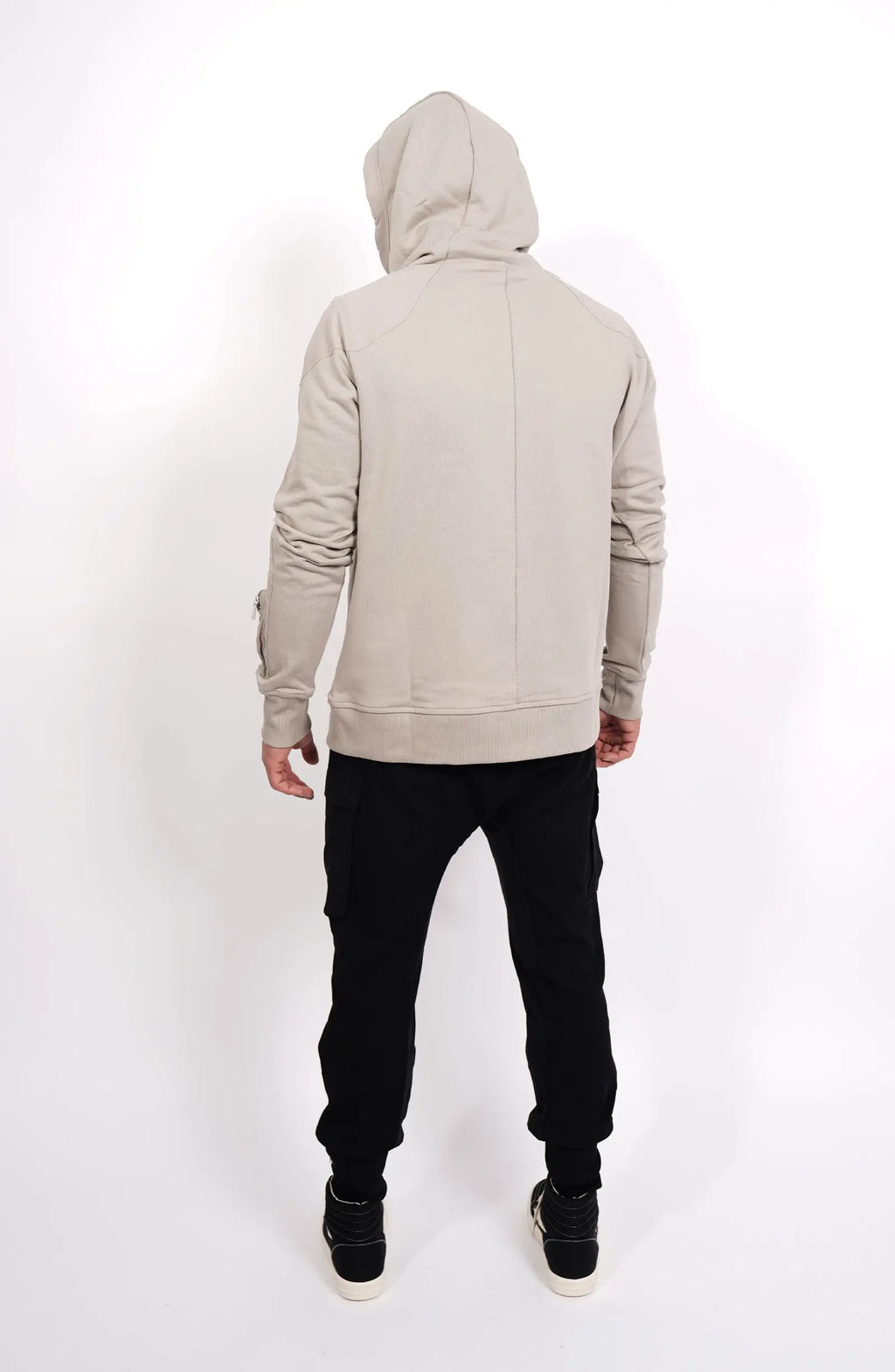 Thom Krom, Mens Hoodie, Black, Hooded Sweatshirt, Cotton, Stretch Nylon Inserts, Stretch Cotton Cuffs and Inserts, Cotton Jersey, Thumbholes, Mock Neck, Sleeve Zip Pocket, Full Body Back View. 