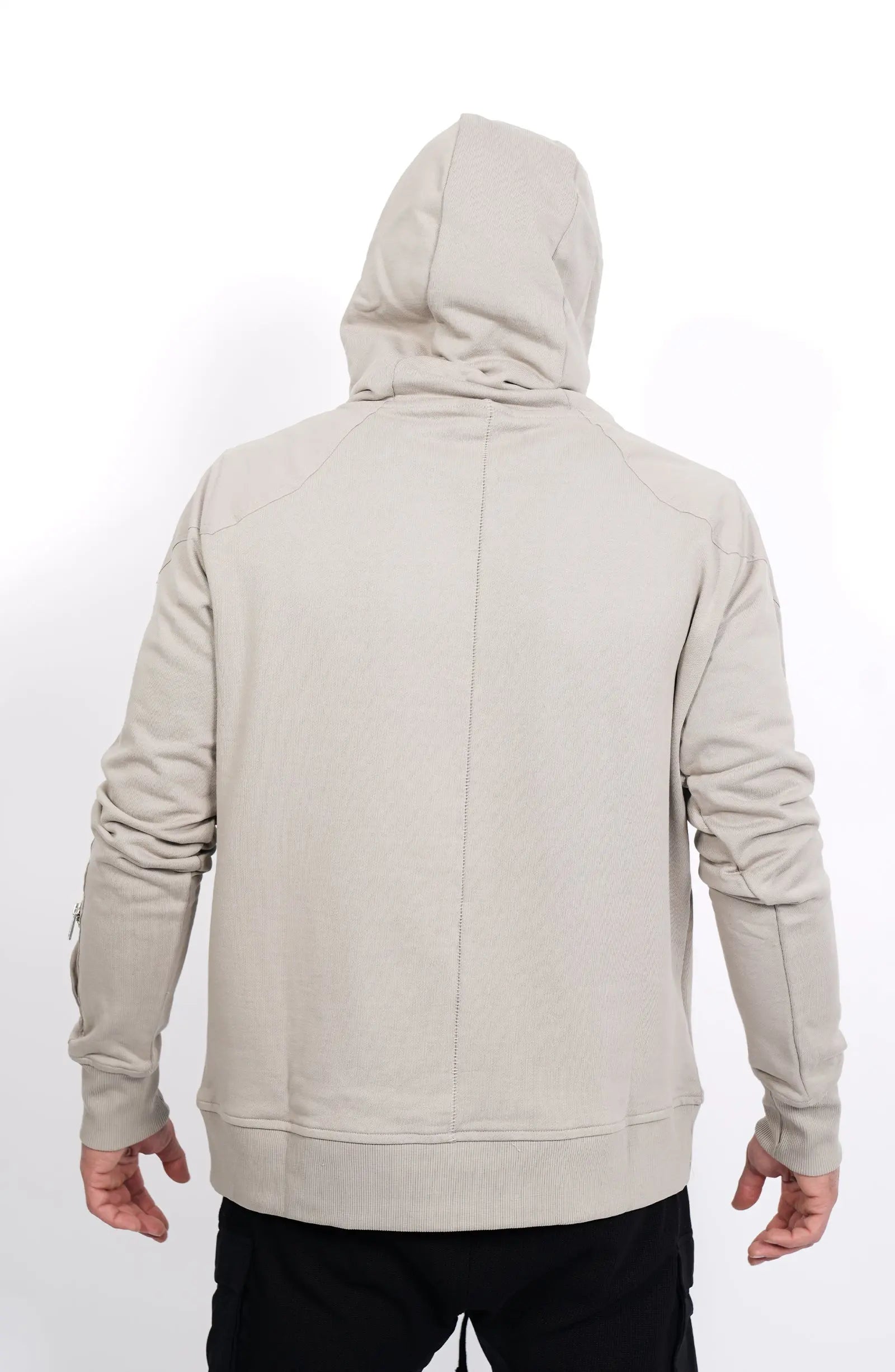 Thom Krom, Mens Hoodie, Black, Hooded Sweatshirt, Cotton, Stretch Nylon Inserts, Stretch Cotton Cuffs and Inserts, Cotton Jersey, Thumbholes, Mock Neck, Sleeve Zip Pocket, Back Portrait. 