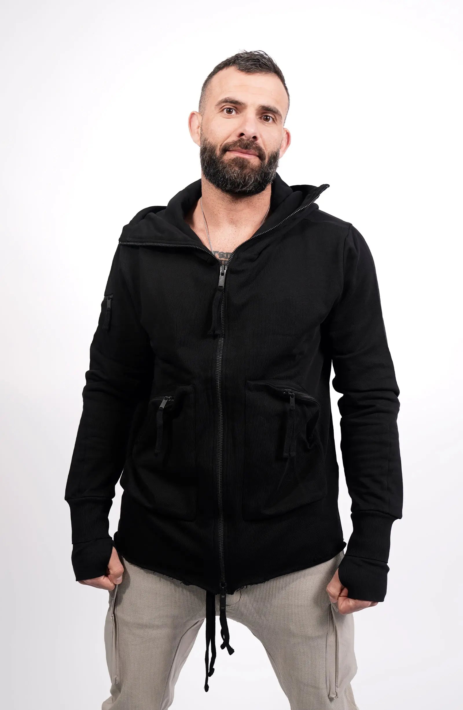 Thom Krom, Mens Hooded Jacket, Black, Bellows Pockets, Zip Pockets, YKK Zippers, Hood, Thumbholes, 100% Cotton, Vislon Zippers, Front Portrait. 