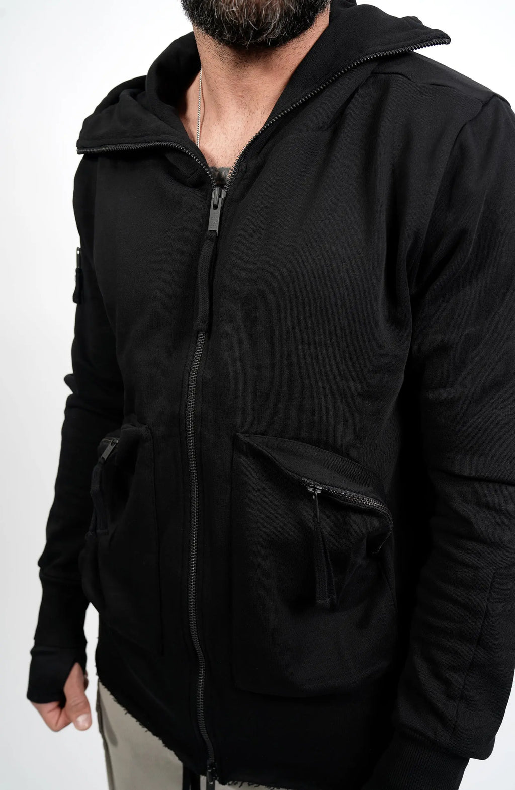 Thom Krom, Mens Hooded Jacket, Black, Bellows Pockets, Zip Pockets, YKK Zippers, Hood, Thumbholes, 100% Cotton, Vislon Zippers, Close-up Front 3/4 Portrait. 