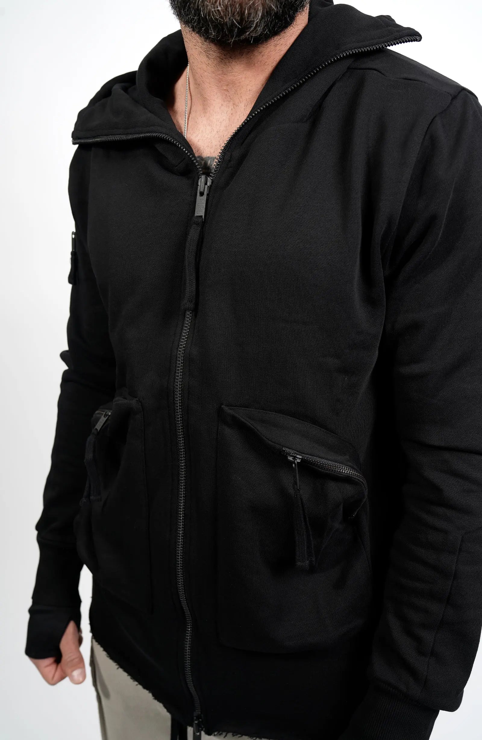 Thom Krom, Mens Hooded Jacket, Black, Bellows Pockets, Zip Pockets, YKK Zippers, Hood, Thumbholes, 100% Cotton, Vislon Zippers, Close-up Front 3/4 Portrait. 
