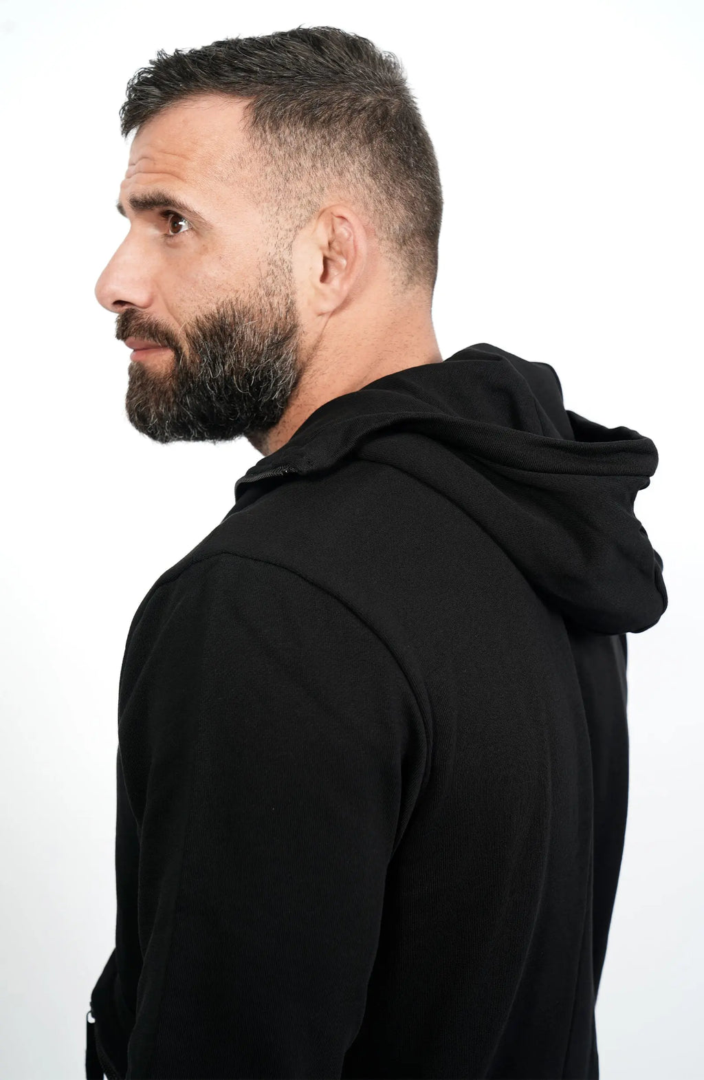 Thom Krom, Mens Hooded Jacket, Black, Bellows Pockets, Zip Pockets, YKK Zippers, Hood, Thumbholes, 100% Cotton, Vislon Zippers, Side View Hood Showcase. 