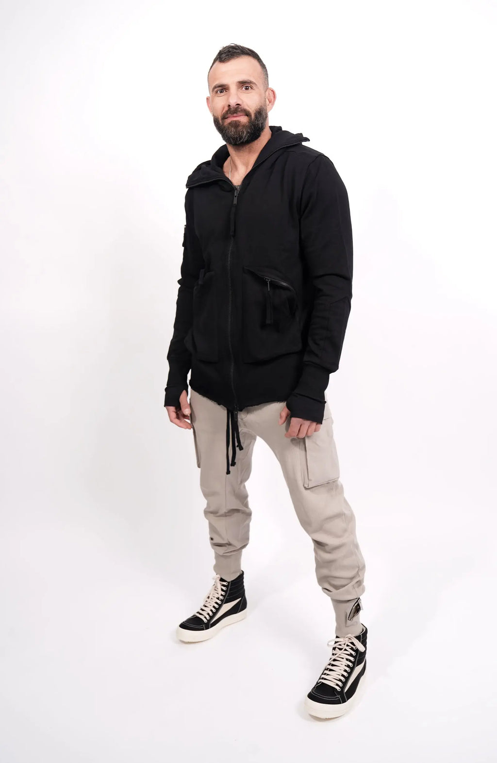 Thom Krom, Mens Hooded Jacket, Black, Bellows Pockets, Zip Pockets, YKK Zippers, Hood, Thumbholes, 100% Cotton, Vislon Zippers, Full Body Front 3/4 View. 