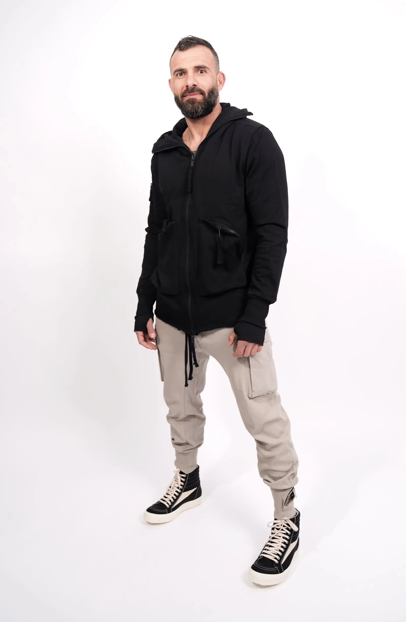Thom Krom, Mens Hooded Jacket, Black, Bellows Pockets, Zip Pockets, YKK Zippers, Hood, Thumbholes, 100% Cotton, Vislon Zippers, Full Body Front 3/4 View. 