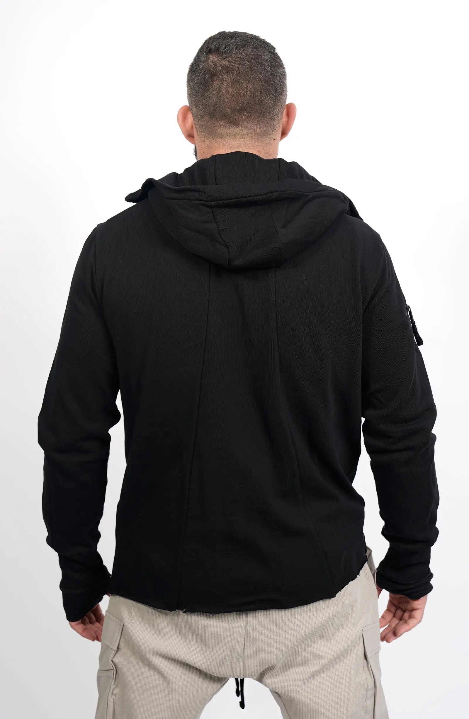 Thom Krom, Mens Hooded Jacket, Black, Bellows Pockets, Zip Pockets, YKK Zippers, Hood, Thumbholes, 100% Cotton, Vislon Zippers, Back Portrait. 