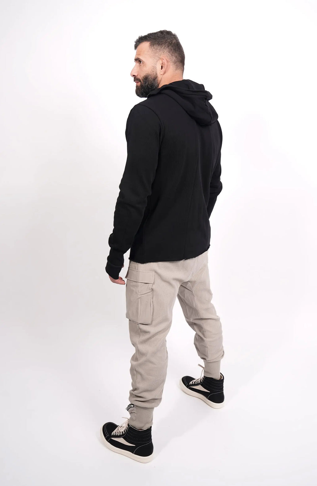 Thom Krom, Mens Hooded Jacket, Black, Bellows Pockets, Zip Pockets, YKK Zippers, Hood, Thumbholes, 100% Cotton, Vislon Zippers, Full Body Back 3/4 Portrait. 