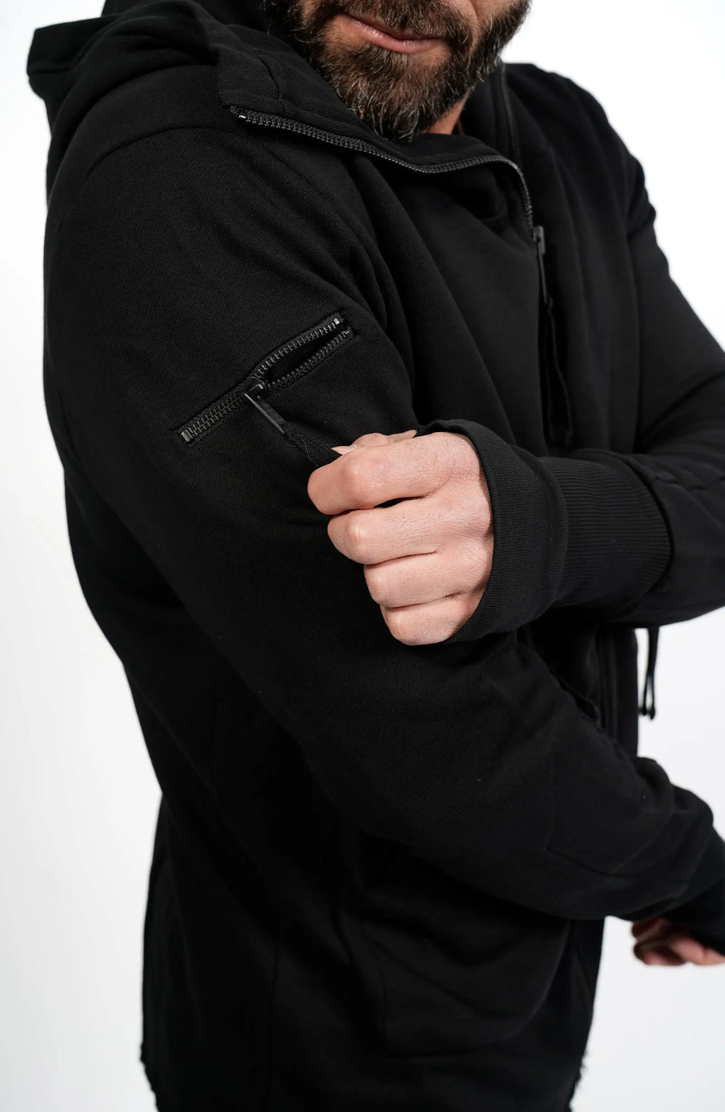 Thom Krom, Mens Hooded Jacket, Black, Bellows Pockets, Zip Pockets, YKK Zippers, Hood, Thumbholes, 100% Cotton, Vislon Zippers, Sleeve Zip Pocket Showcase. 