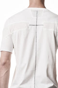 Thom Krom, Mens T-Shirt, White, Cotton Jersey with breathability Inserts, Viscose Linen Inserts, Crewneck, Short Sleeves, Lightweight, 100% Cotton, Signature Cross Black Seams, The Night is your friend, my love, Black Seams Close-up. 