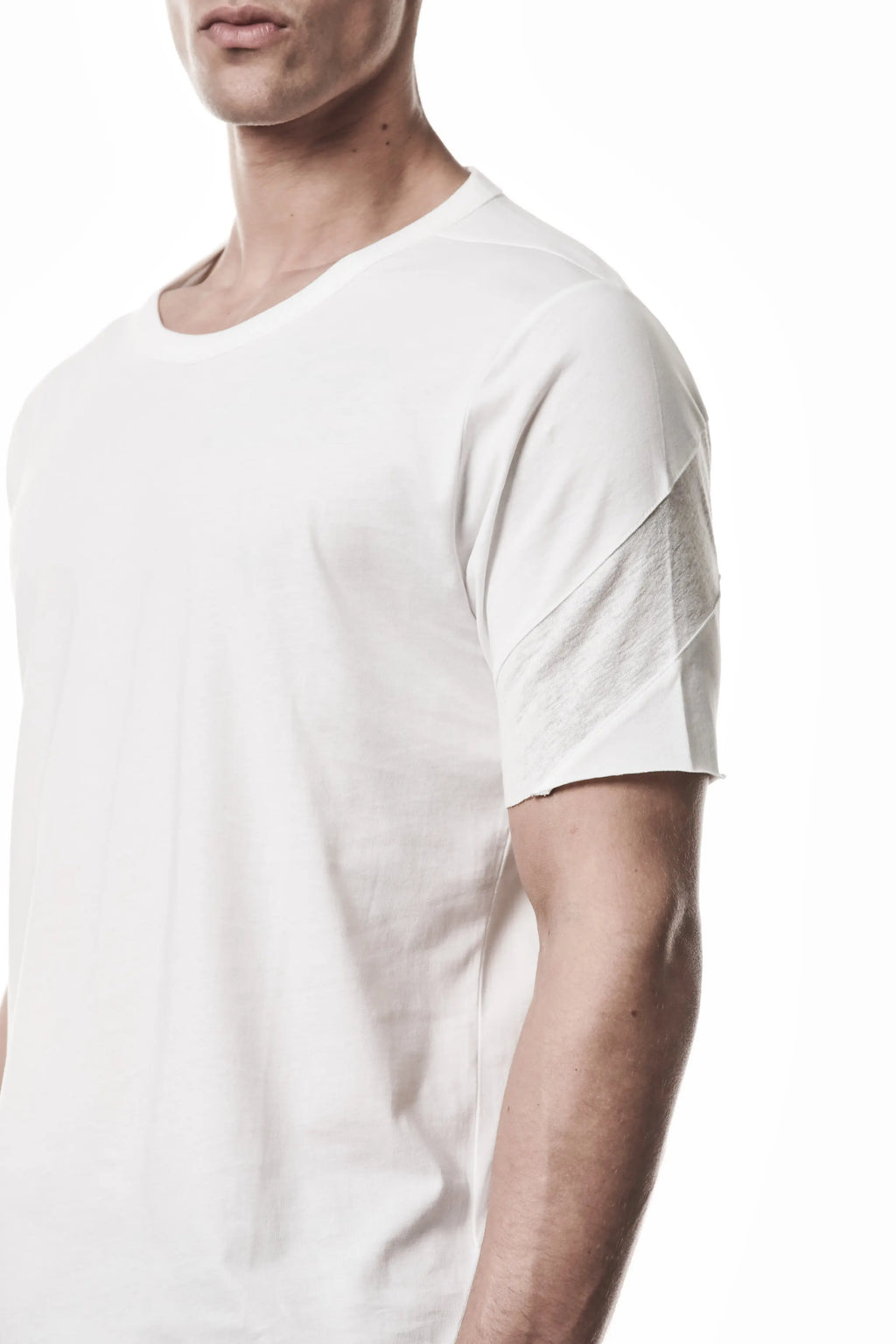 Thom Krom, Mens T-Shirt, White, Cotton Jersey with breathability Inserts, Viscose Linen Inserts, Crewneck, Short Sleeves, Lightweight, 100% Cotton, Signature Cross Black Seams, The Night is your friend, my love, Inserts Showcase. 
